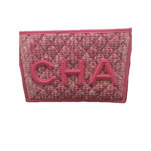 CHANEL Pink Tweed Large Logo Zip Pouch Clutch